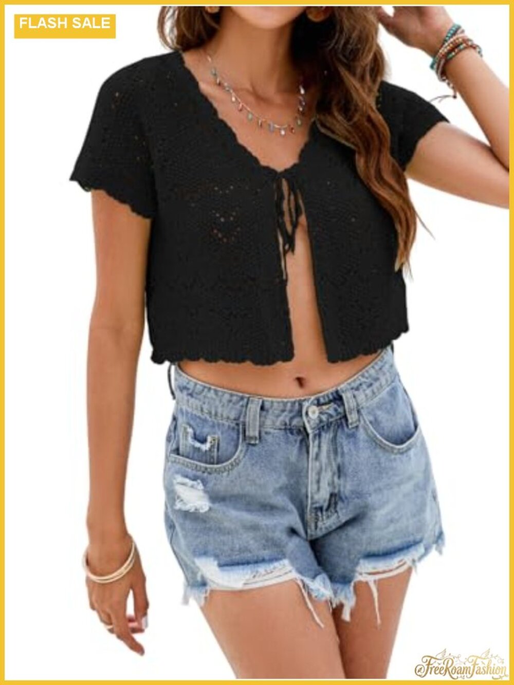 Knitted Cotton Blend Bow Tie V-Neck Crop Cardigan Shrug Short Sleeve Loose